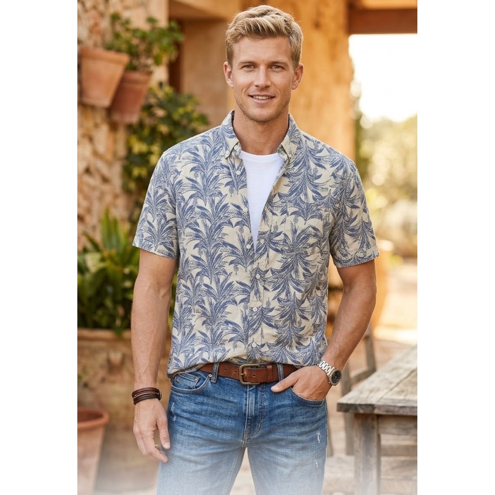 Magaschoni Man Linen Blend Palm Print Short Sleeve Button Down Shirt Small Beige